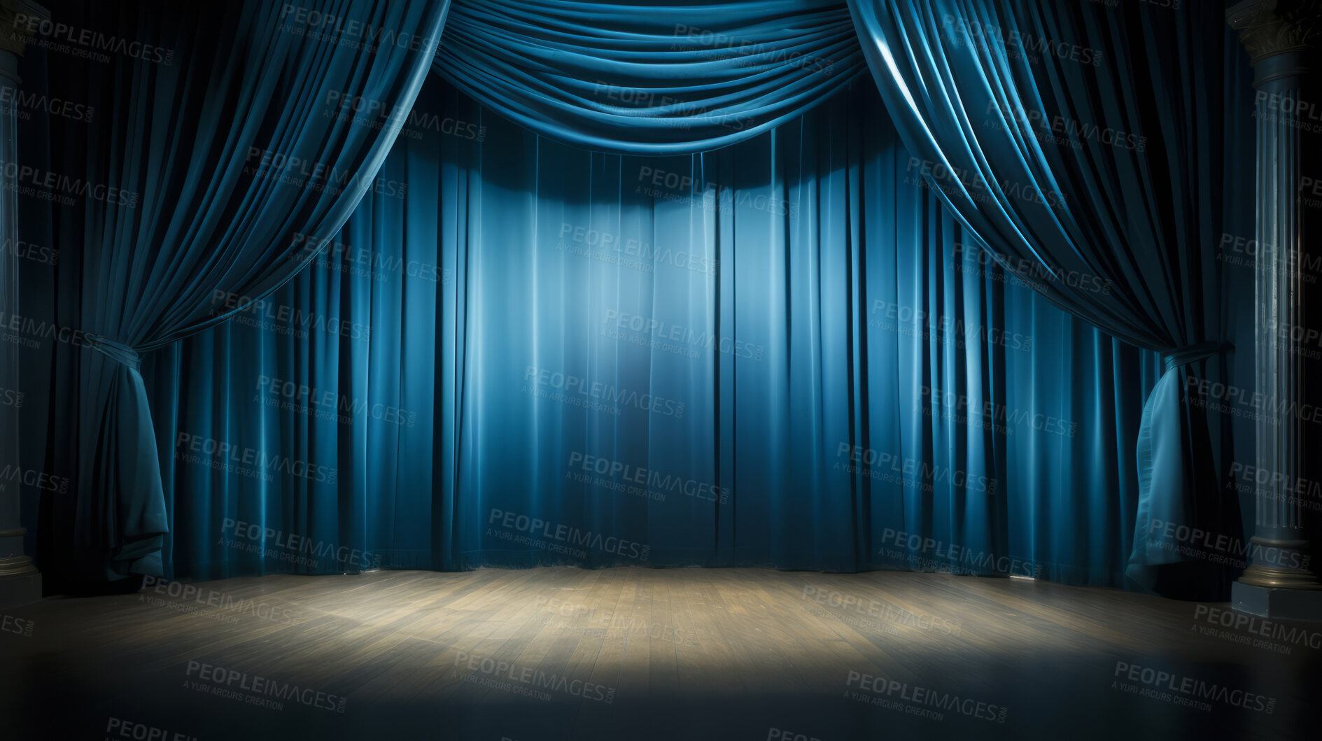 Buy stock photo Empty theater stage with blue velvet curtains. Spotlight showtime copy space