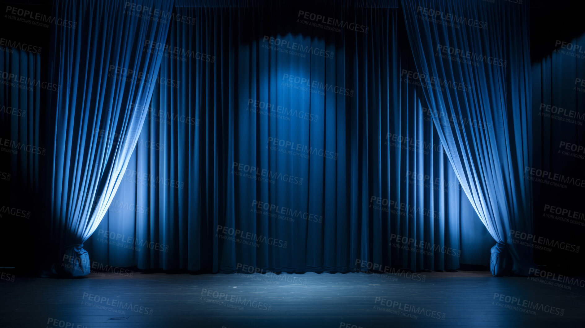 Buy stock photo Empty theater stage with blue velvet curtains. Spotlight showtime copy space