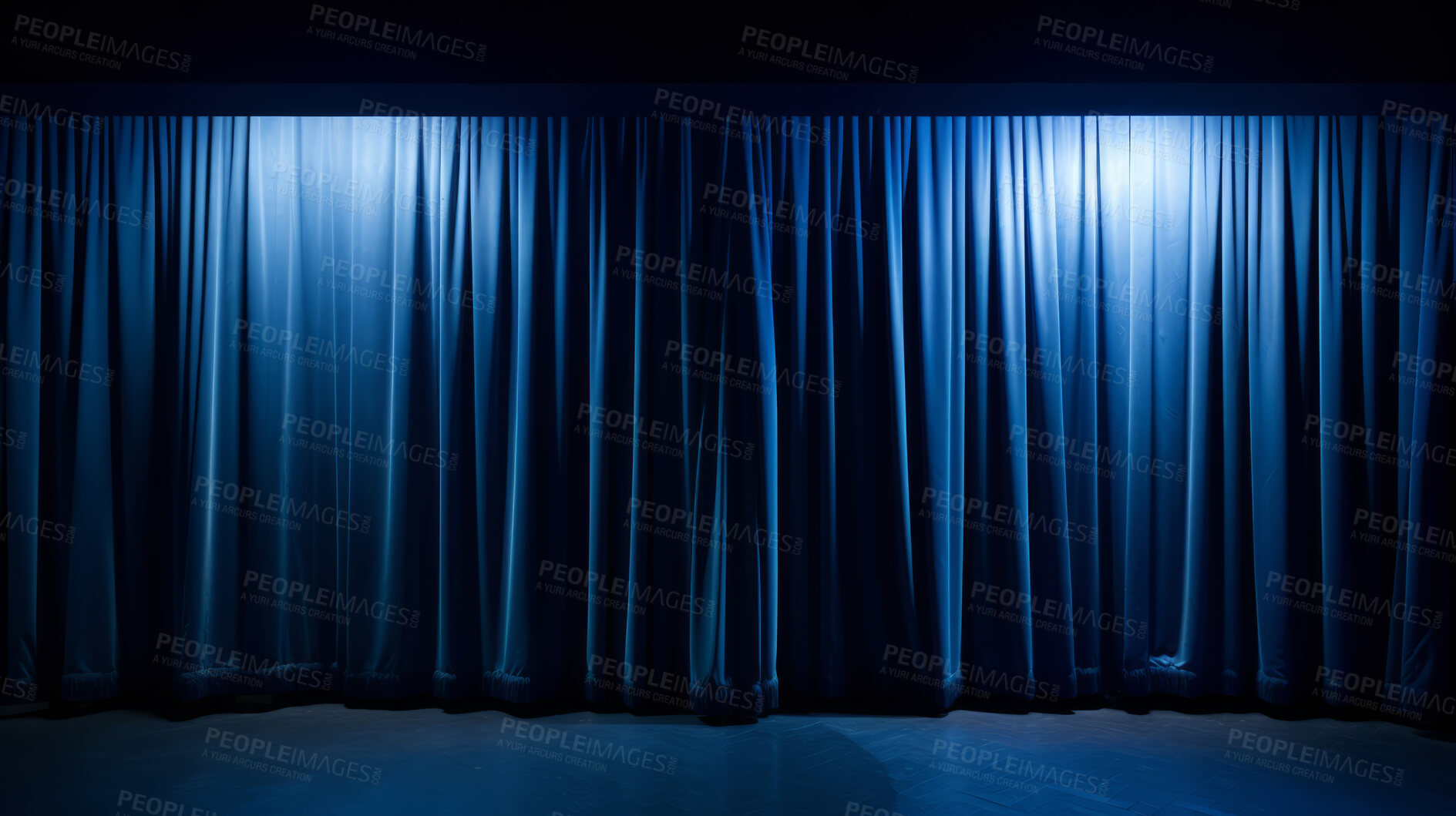 Buy stock photo Empty theater stage with blue velvet curtains. Spotlight showtime copy space