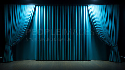 Empty theater stage with blue velvet curtains. Spotlight showtime copy space