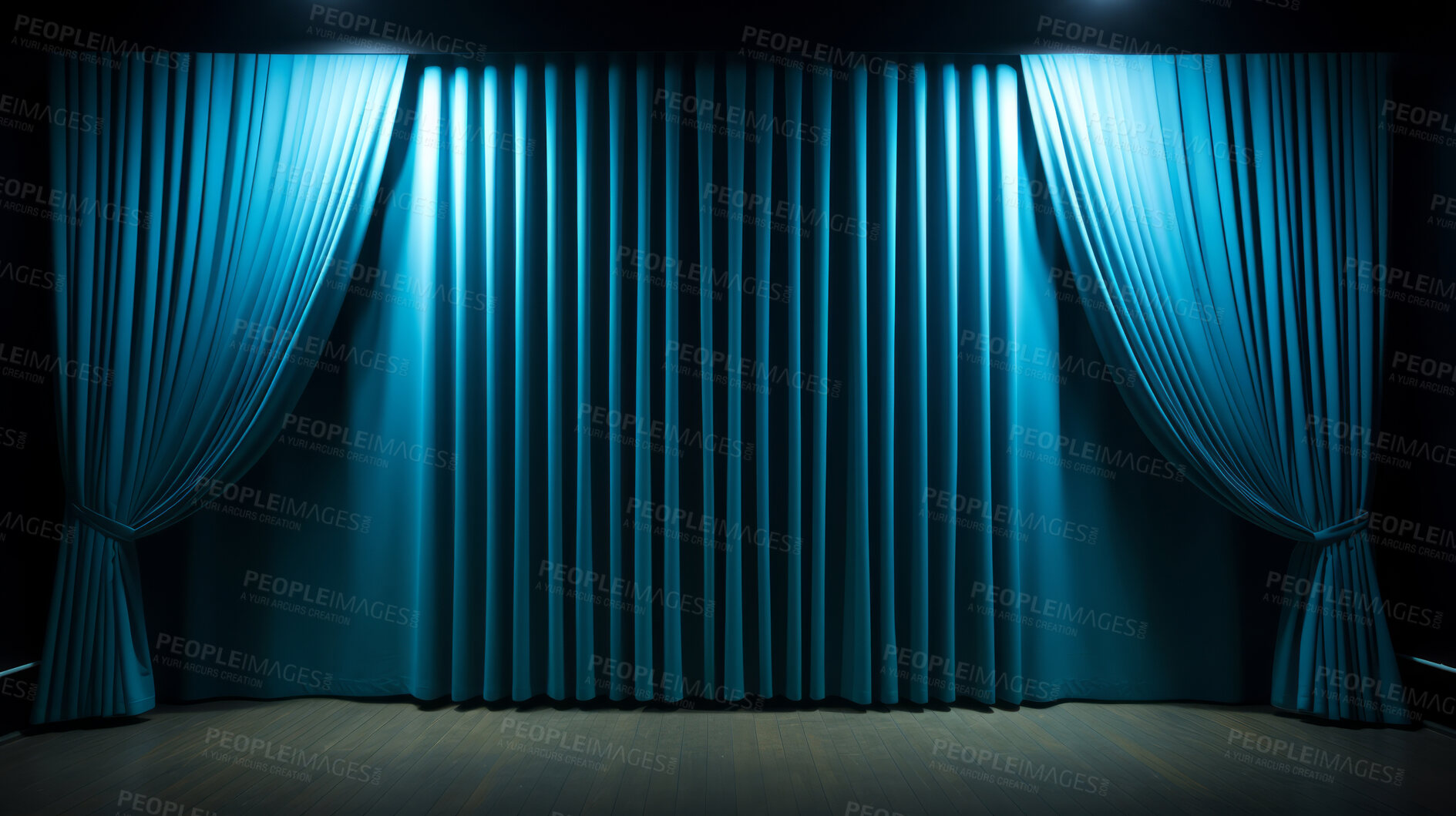 Buy stock photo Empty theater stage with blue velvet curtains. Spotlight showtime copy space