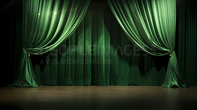 Buy stock photo Empty theater stage with green velvet curtains. Spotlight showtime copy space