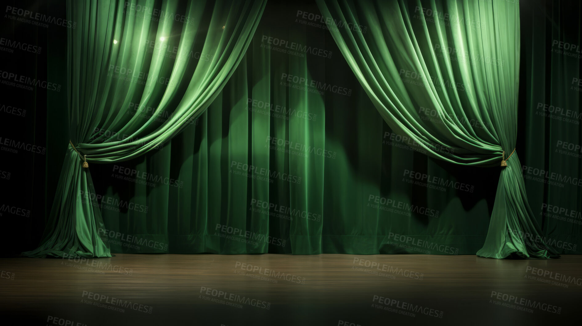 Buy stock photo Empty theater stage with green velvet curtains. Spotlight showtime copy space