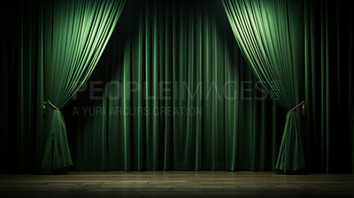 Empty theater stage with green velvet curtains. Spotlight showtime copy space
