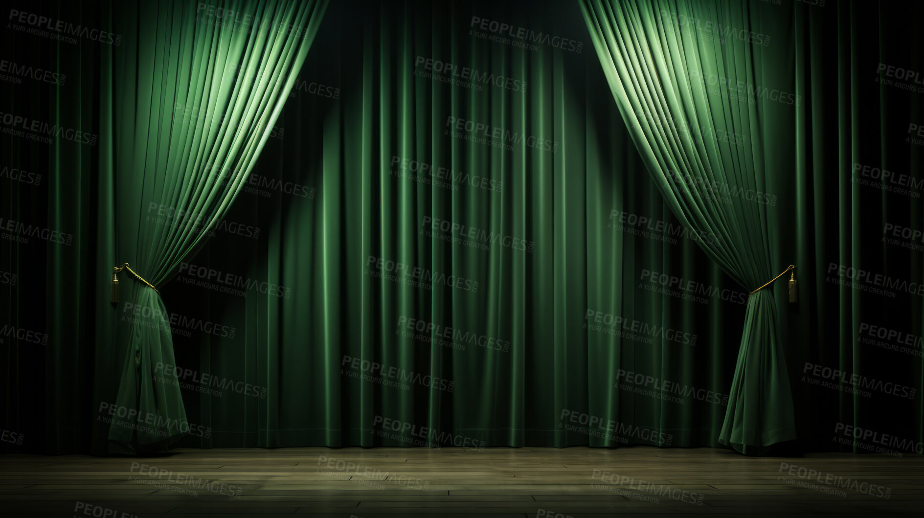 Buy stock photo Empty theater stage with green velvet curtains. Spotlight showtime copy space