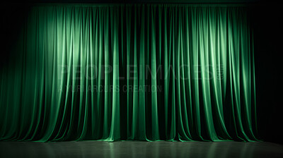Buy stock photo Empty theater stage with green velvet curtains. Spotlight showtime copy space