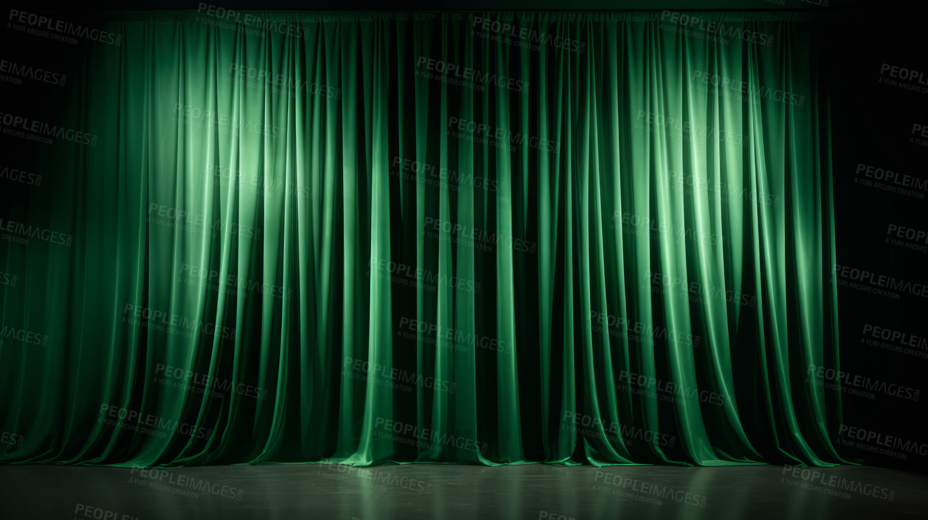 Buy stock photo Empty theater stage with green velvet curtains. Spotlight showtime copy space