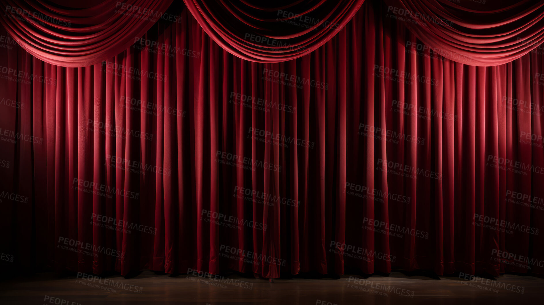 Buy stock photo Empty theater stage with red velvet curtains. Spotlight showtime copy space