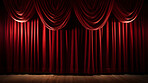 Empty theater stage with red velvet curtains. Spotlight showtime copy space