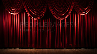Buy stock photo Empty theater stage with red velvet curtains. Spotlight showtime copy space