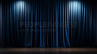 Buy stock photo Empty theater stage with blue velvet curtains. Spotlight showtime copy space