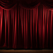 Empty theater stage with red velvet curtains. Spotlight showtime copy ...