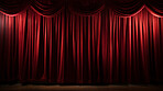 Empty theater stage with red velvet curtains. Spotlight showtime copy space