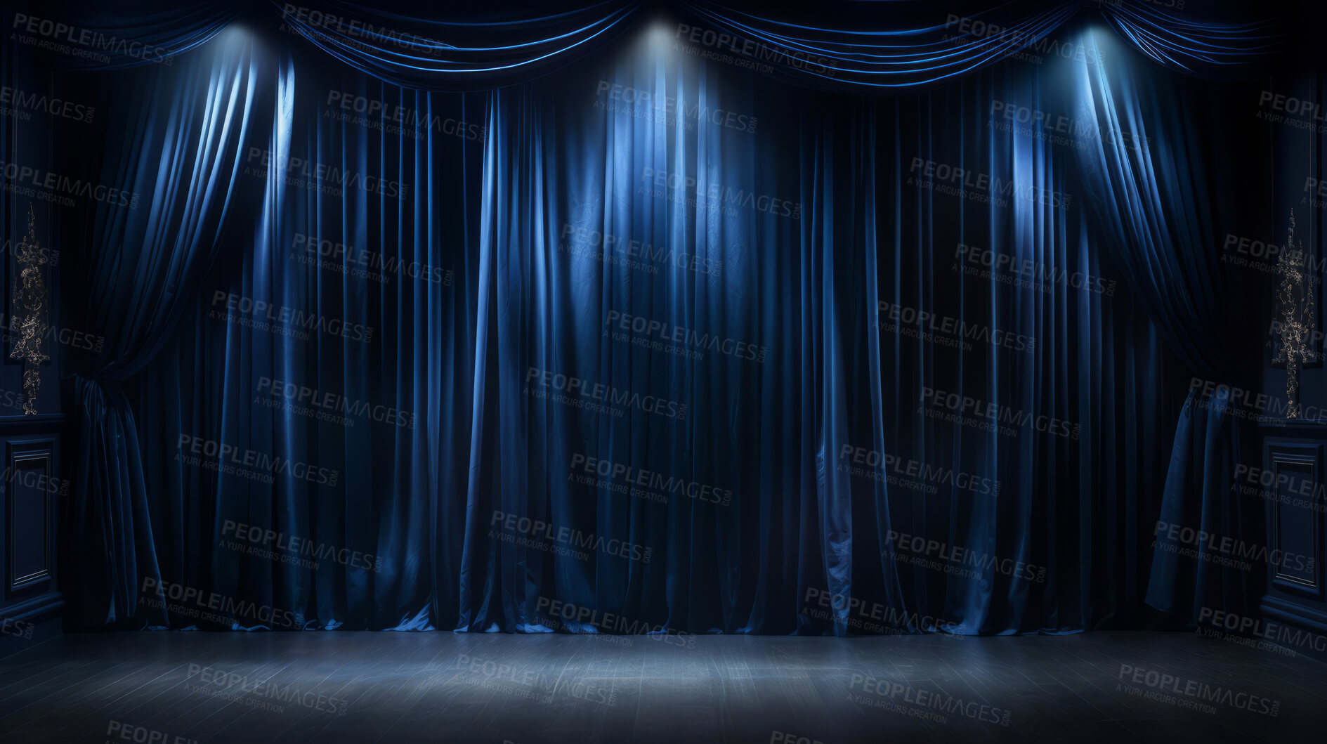 Buy stock photo Empty theater stage with blue velvet curtains. Spotlight showtime copy space