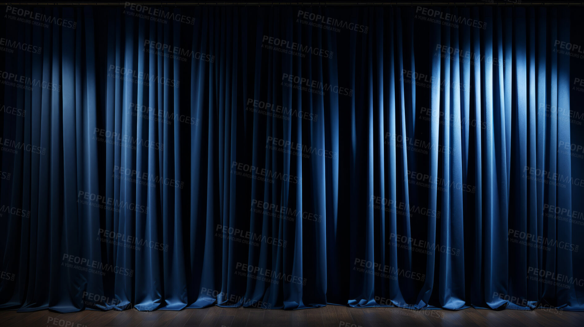 Buy stock photo Empty theater stage with blue velvet curtains. Spotlight showtime copy space