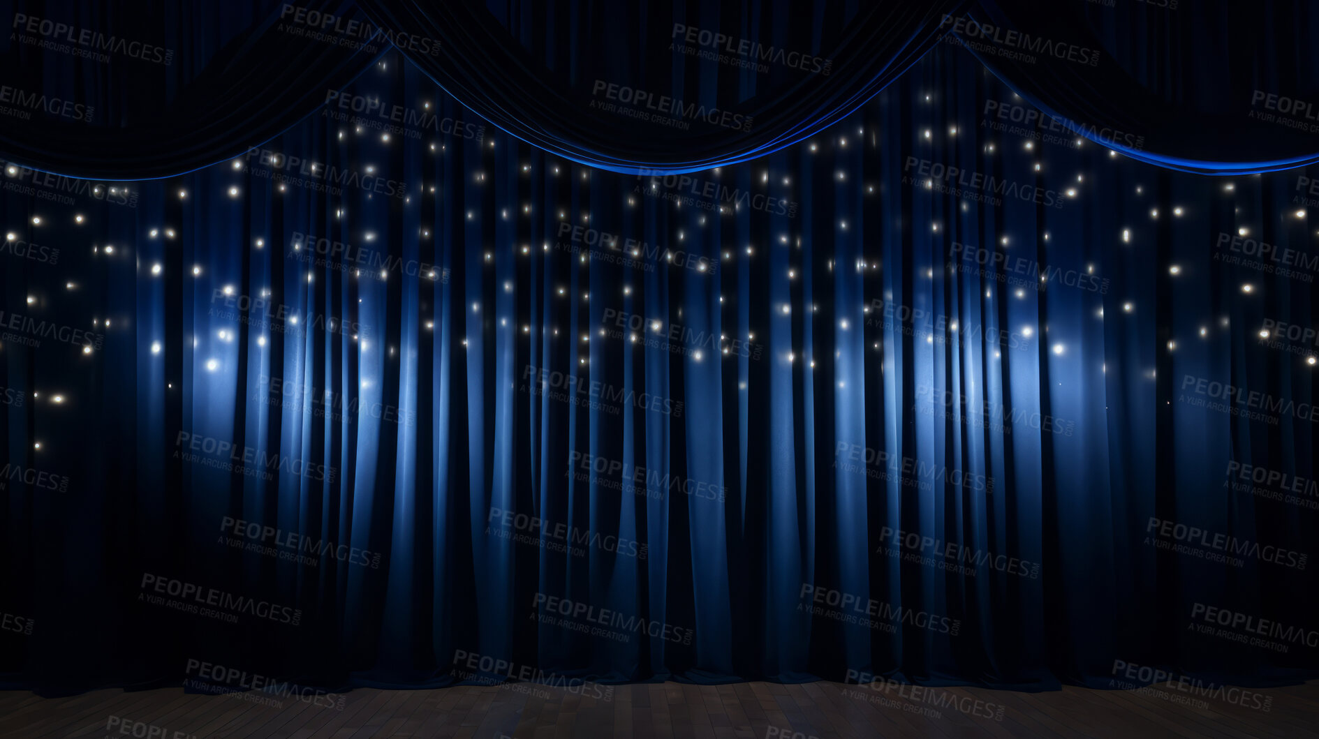 Buy stock photo Empty theater stage with blue velvet curtains. Spotlight showtime copy space