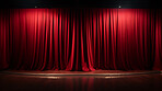 Empty theater stage with red velvet curtains. Spotlight showtime copy space