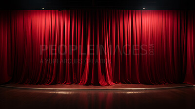 Empty theater stage with red velvet curtains. Spotlight showtime copy space