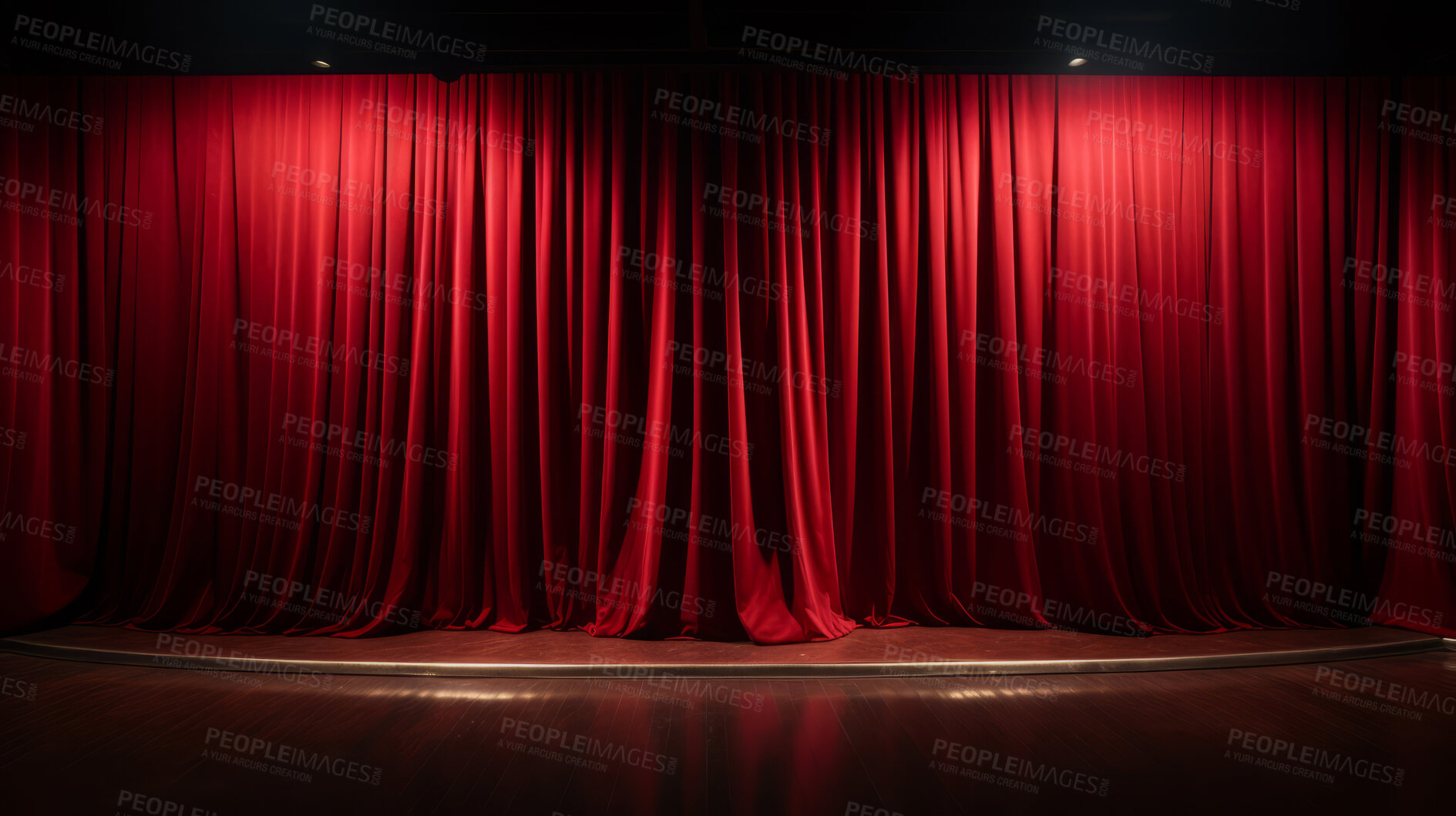 Buy stock photo Empty theater stage with red velvet curtains. Spotlight showtime copy space