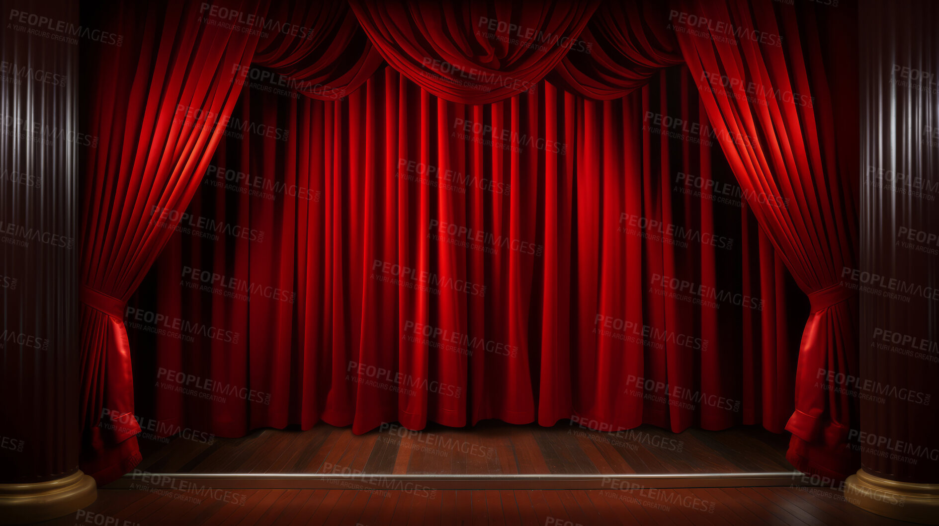 Buy stock photo Empty theater stage with red velvet curtains. Spotlight showtime copy space