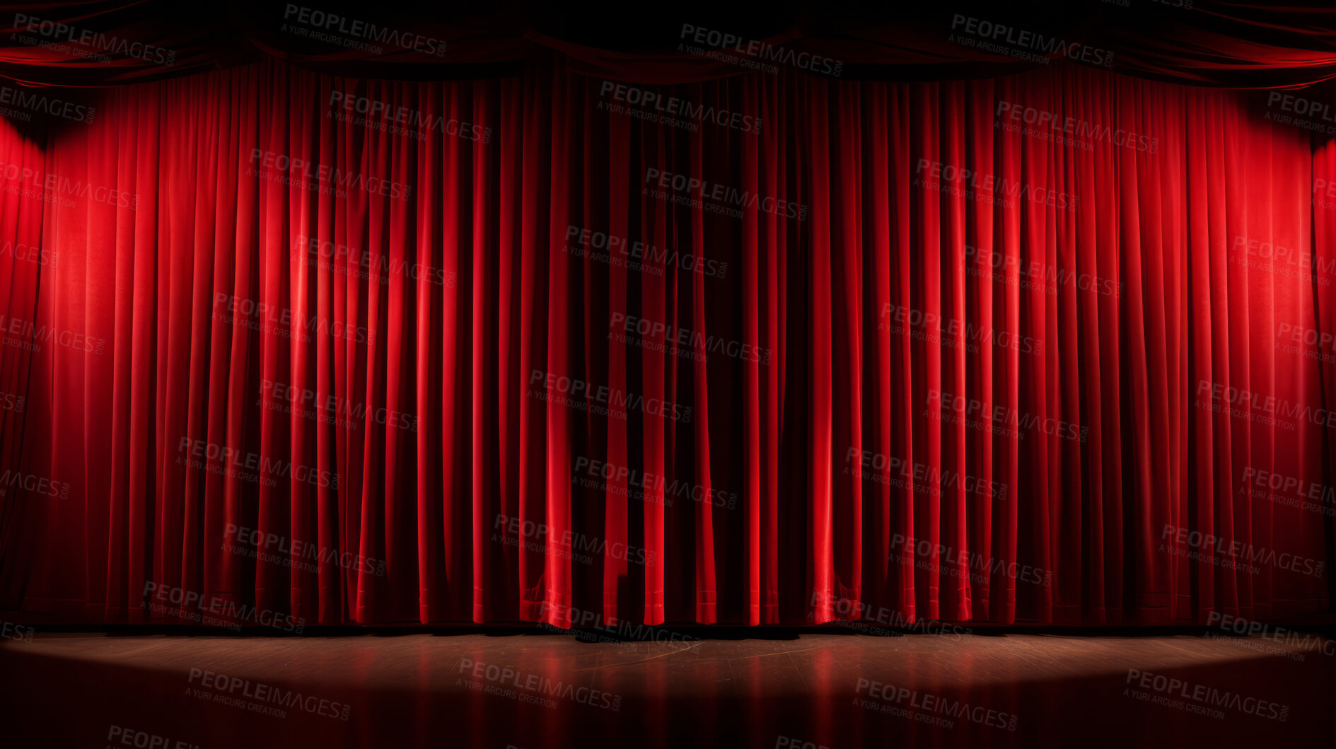 Buy stock photo Empty theater stage with red velvet curtains. Spotlight showtime copy space