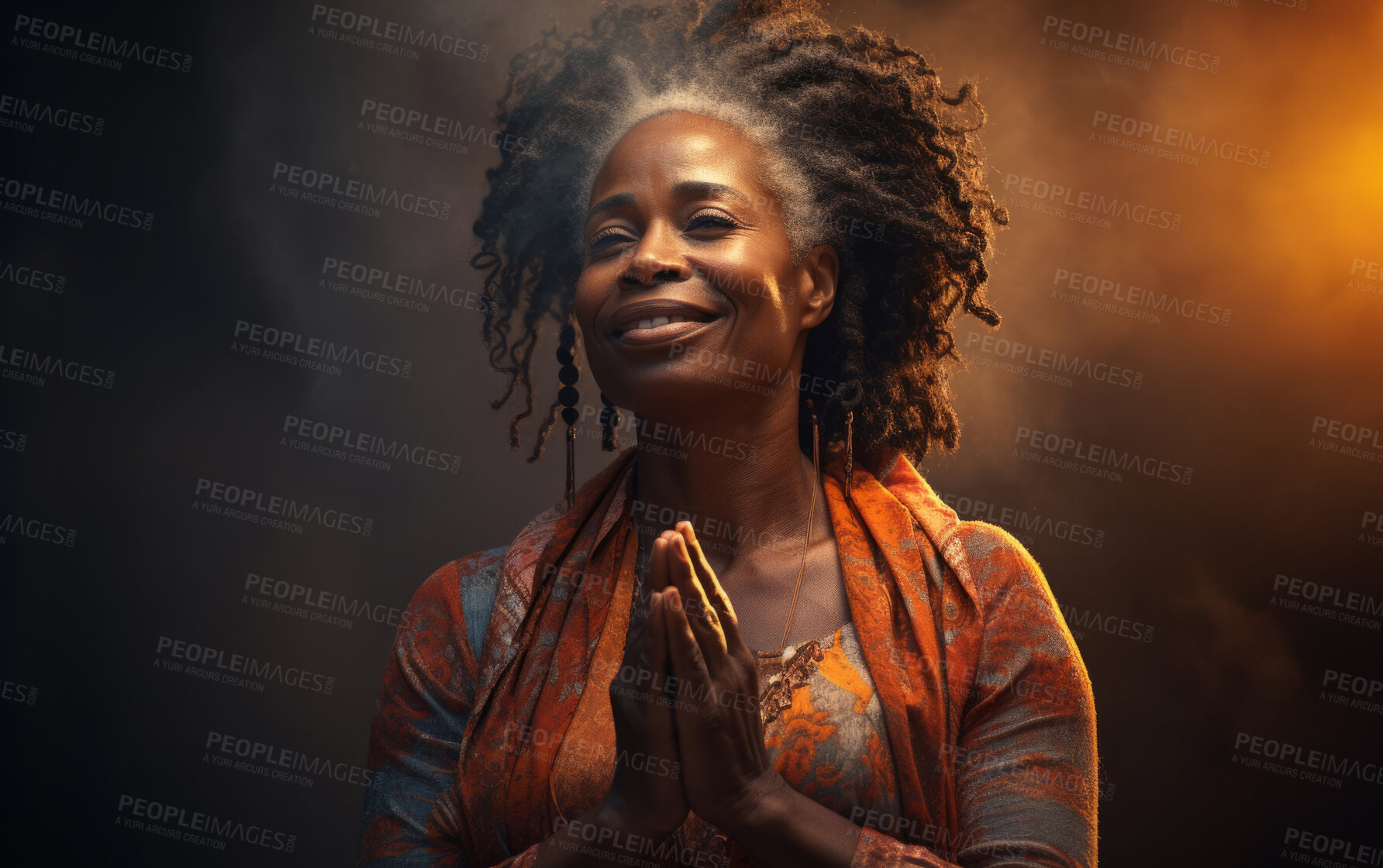 Buy stock photo Senior African American woman smiling while in prayer. Studio backdrop. Religion concept.