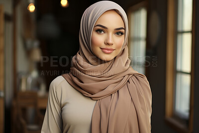 Buy stock photo Portrait of muslim woman posing in home. Wearing hijab. Religion concept.