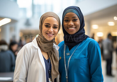 Buy stock photo Portrait of two muslim women health concept. Doctors posing wearing hijab. Religion concept.
