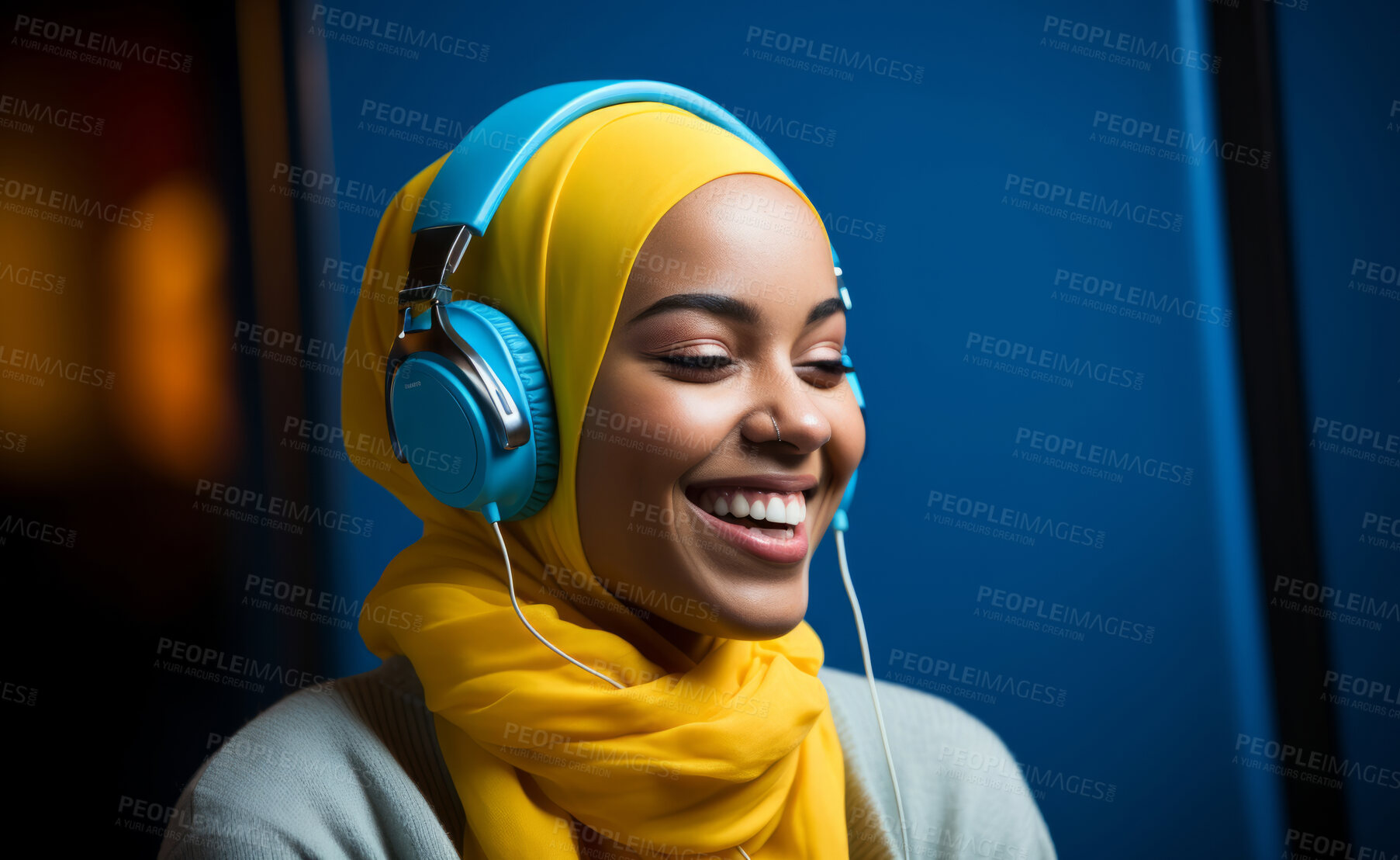 Buy stock photo Portrait of young muslim woman smiling with headphones. Wearing hijab.Religion concept.