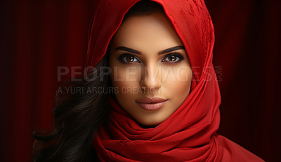 Buy stock photo close up portrait of beautiful muslim woman wearing vibrant red scarf. Religion concept.