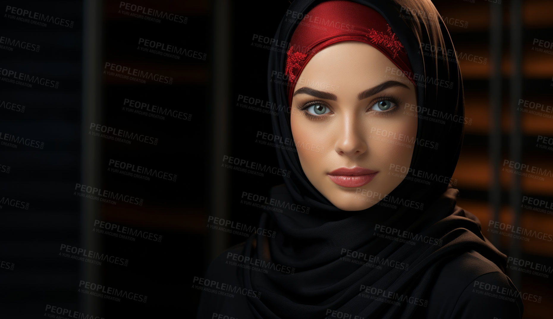 Buy stock photo Portrait of beautiful muslim woman. Dark backdrop. Religion concept.