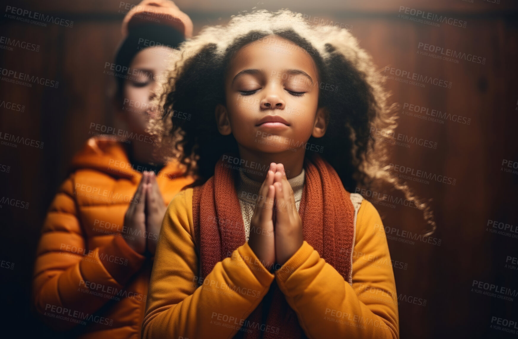 Buy stock photo Two African American girls praying. Hands folded against backdrop. Religion Concept.