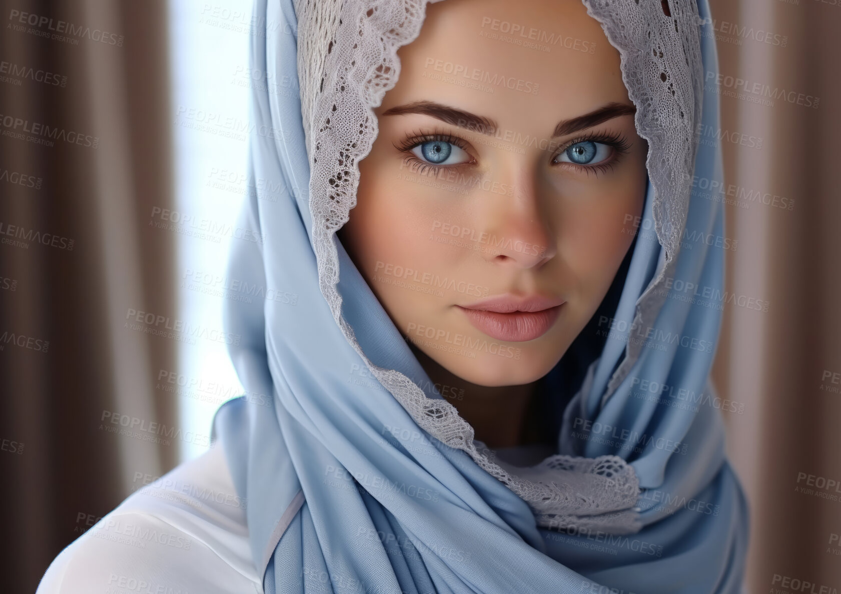 Buy stock photo Close up of portrait of muslim woman wearing traditional head scarf. Religion concept.