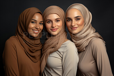 Three empowered muslim women posing. Wearing hijab and smiling. Religion concept