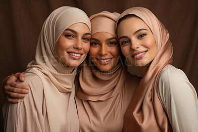 Buy stock photo Three empowered muslim women posing. Wearing hijab and smiling. Religion concept
