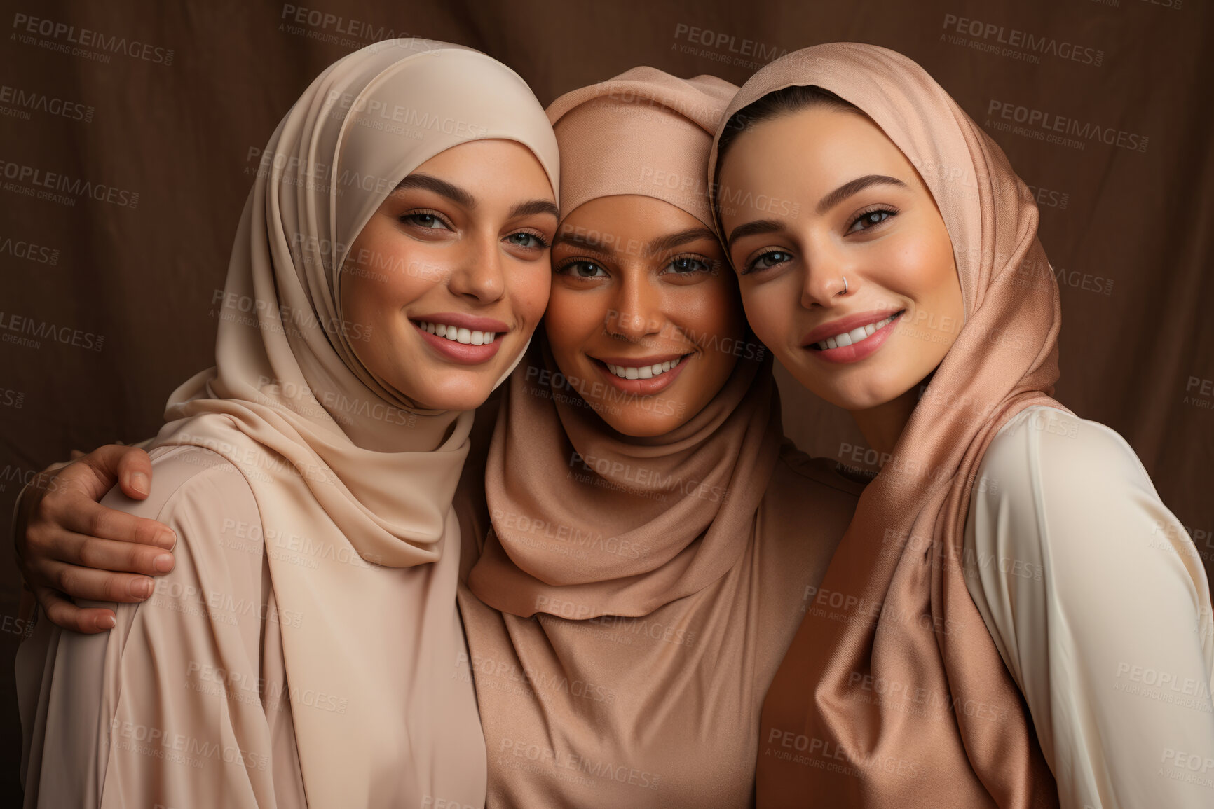 Buy stock photo Three empowered muslim women posing. Wearing hijab and smiling. Religion concept