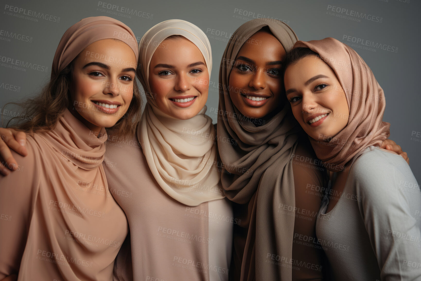 Buy stock photo Four happy muslim women posing on Studio backdrop. Wearing hijab. Religion concept.