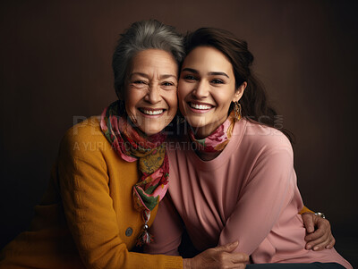 Buy stock photo Happy hindu mother and daughter  wearing traditional attire. Posing on backdrop.