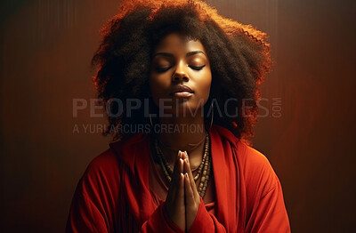 Buy stock photo African American woman praying. Hands folded against backdrop. Religion Concept.