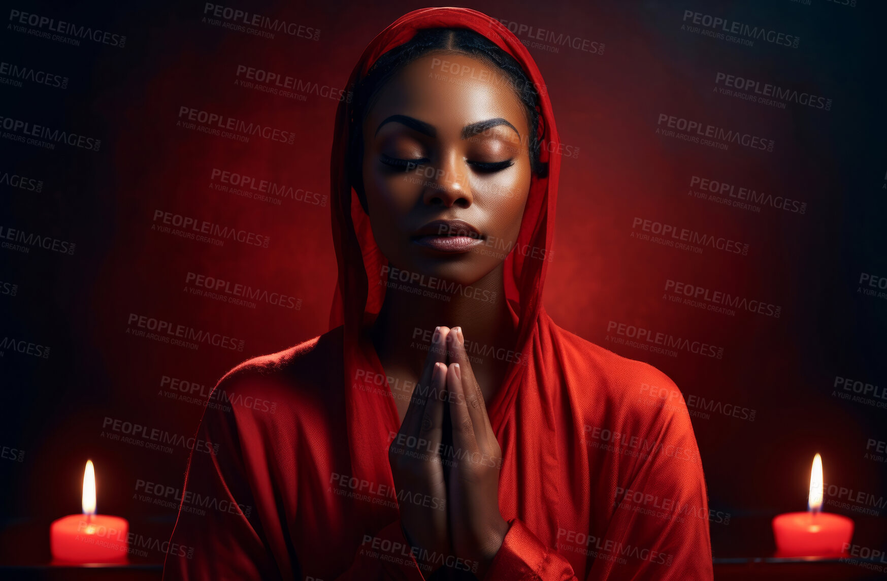 Buy stock photo African American woman praying. Hands folded against red backdrop. Religion Concept.