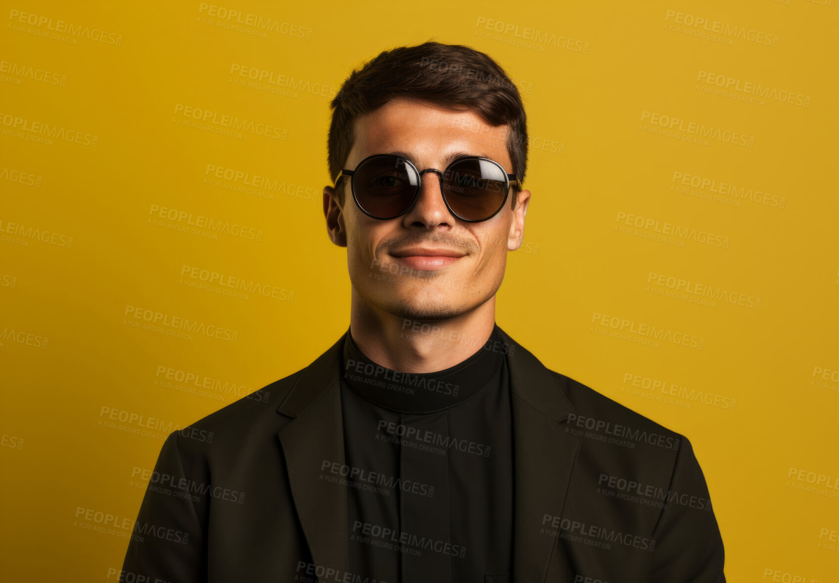 Buy stock photo Studio portrait of young priest on backdrop. Natural smile. Religious fashion concept.