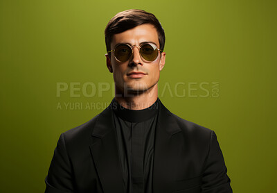 Buy stock photo Studio portrait of young priest wearing glasses on backdrop. Religious fashion concept.