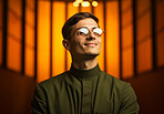 Portrait of young  priest in church. Natural smile. Religion concept.