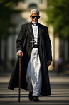 Portrait of senior catholic priest walking in street. Religious fashion concept.
