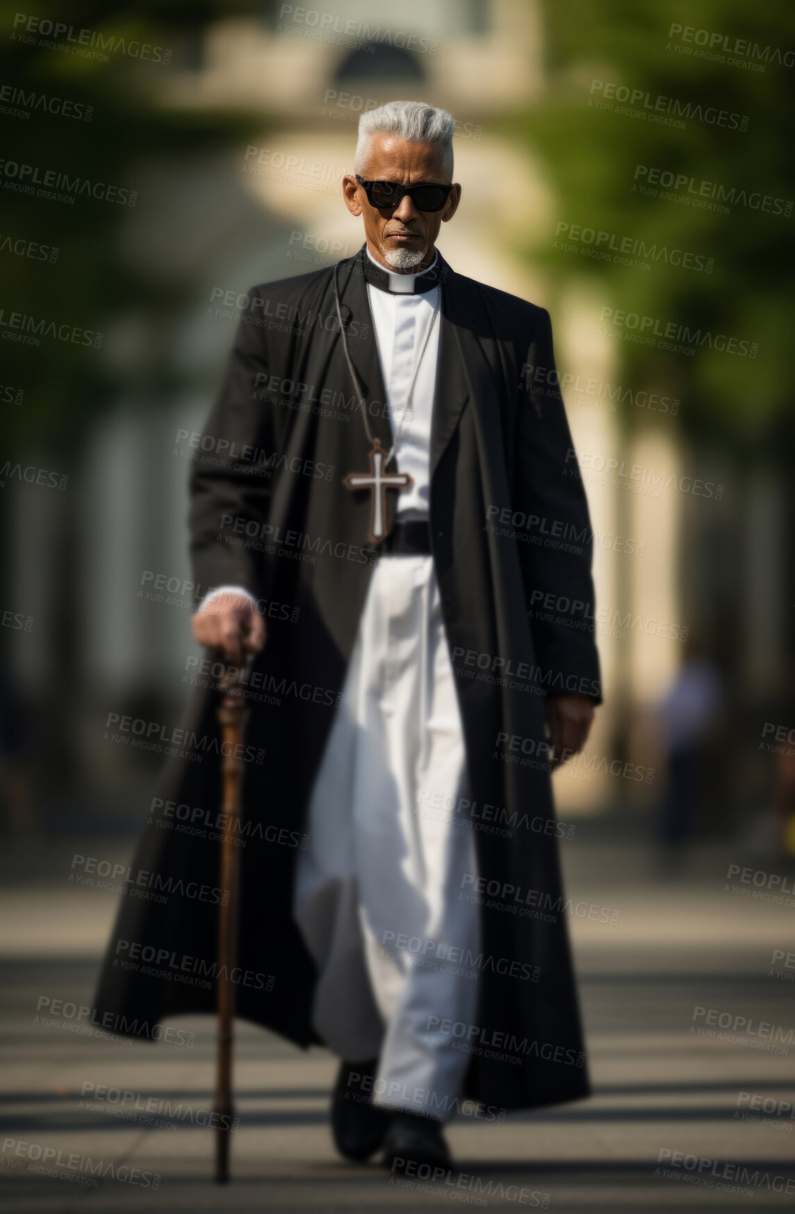 Buy stock photo Portrait of senior catholic priest walking in street. Religious fashion concept.