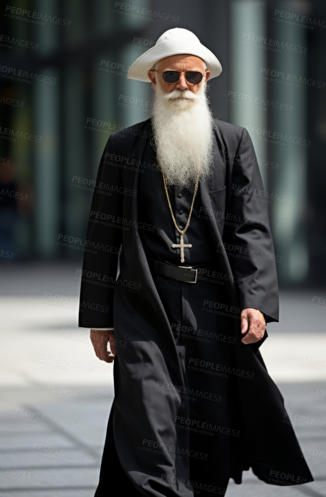 Buy stock photo Portrait of senior catholic priest walking in street. Religious fashion concept.