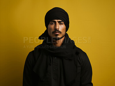 Buy stock photo Studio portrait of religious man wearing arabian turban. Religion concept.