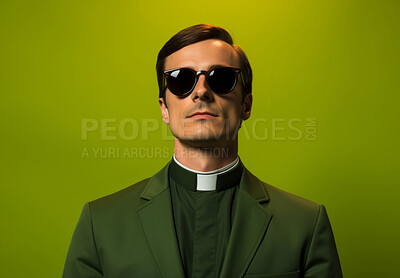 Buy stock photo Studio portrait of young priest wearing glasses. Vibrant colour. Religion concept.