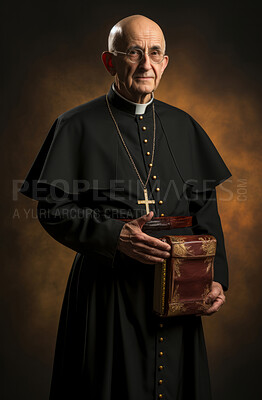 Buy stock photo Studio portrait of senior catholic priest in traditional attire holding bible. Religion concept.