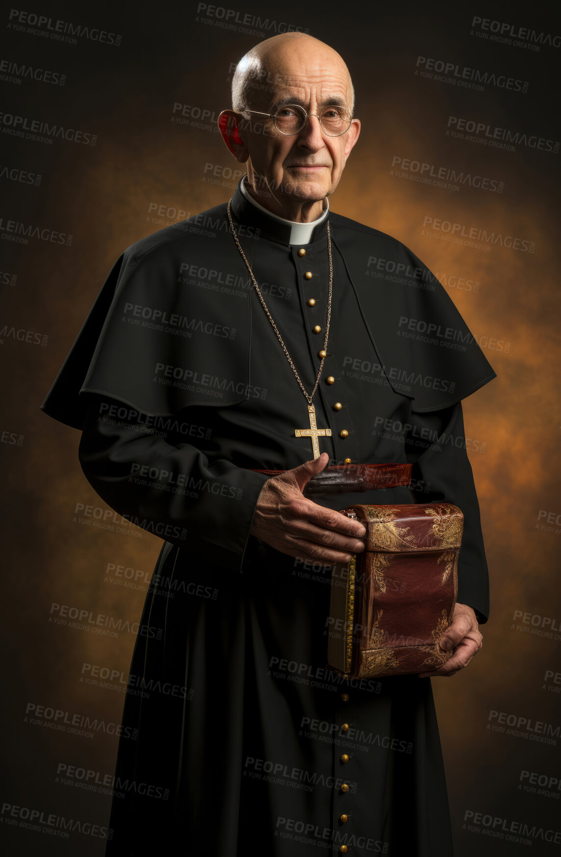 Buy stock photo Studio portrait of senior catholic priest in traditional attire holding bible. Religion concept.